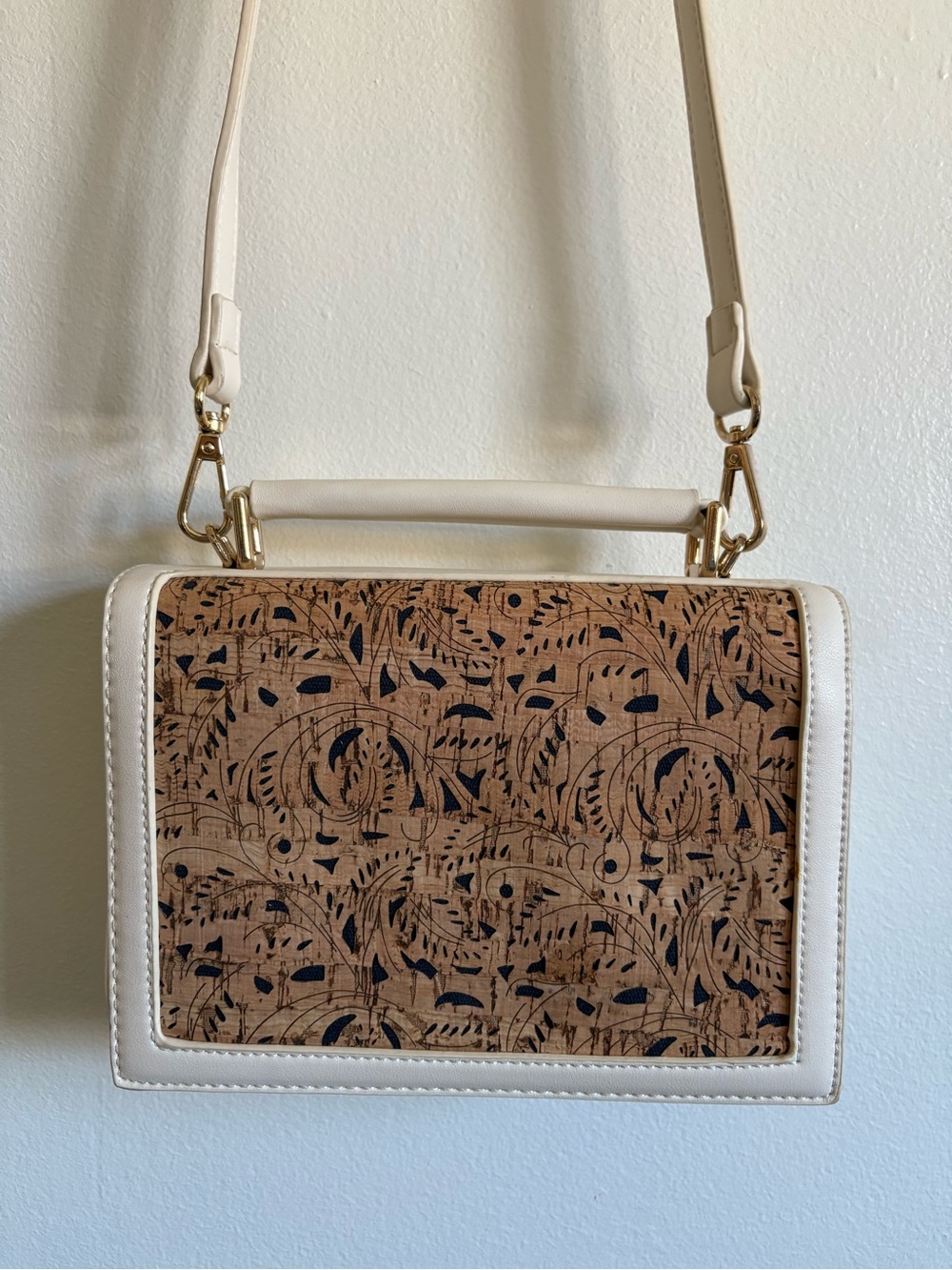 Faux Leather Crossbody Bag with Boho Laser-Cut Cork Panel